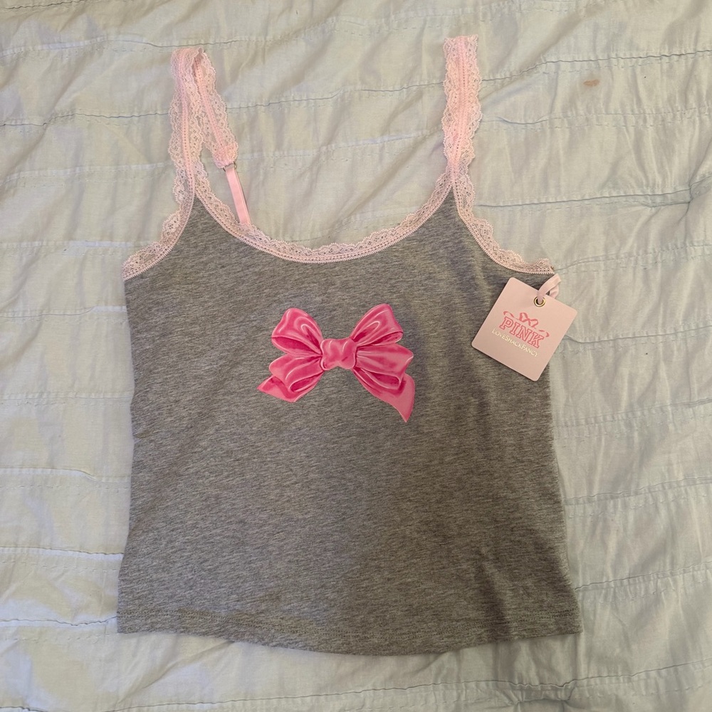 NWT PINK LoveShackFancy Gray Tank Top with Pink Lace and Graphic Bow